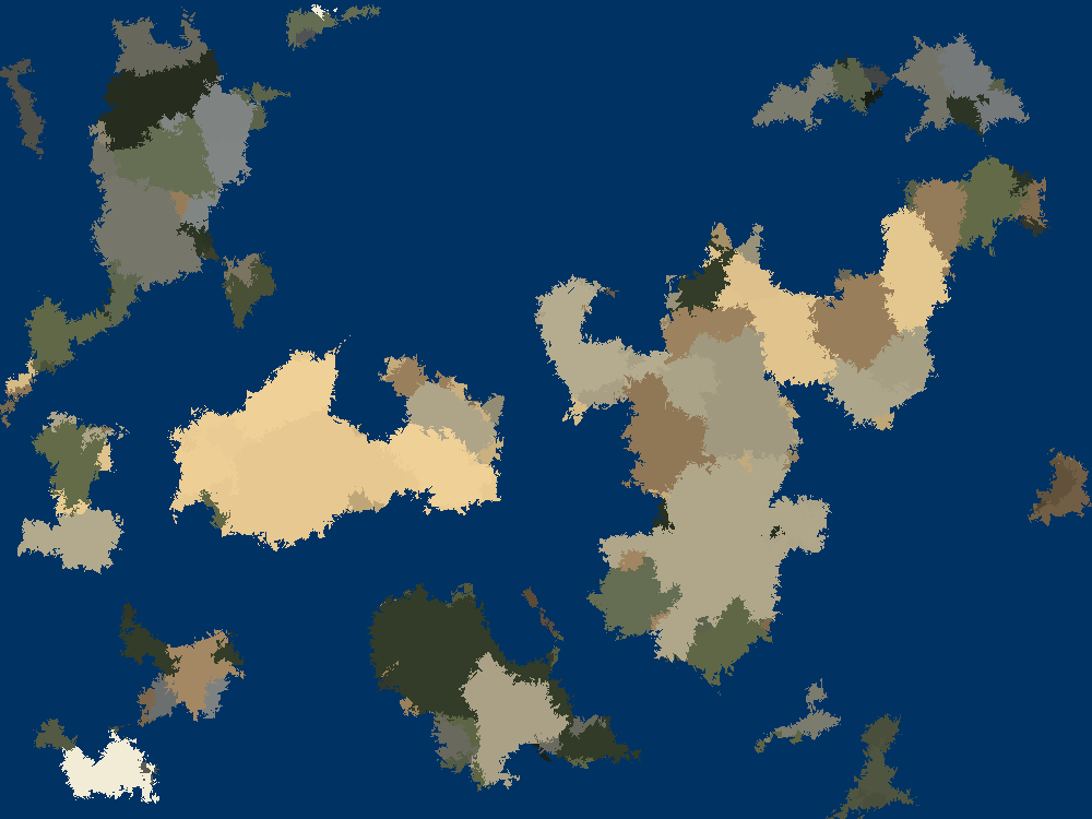 A colored, pixelated continent map